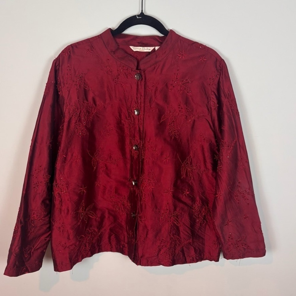 French Laundry Y2K Womens Red Silk Floral Embroidered Beaded Top Petite XL indie